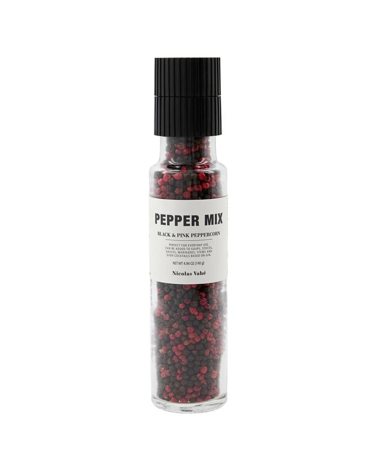 Nicolas Vahé Pfeffermühle mit schwarzem und rosa Pfeffer im Glas mit schwarzem Mahlwerk, 140 g