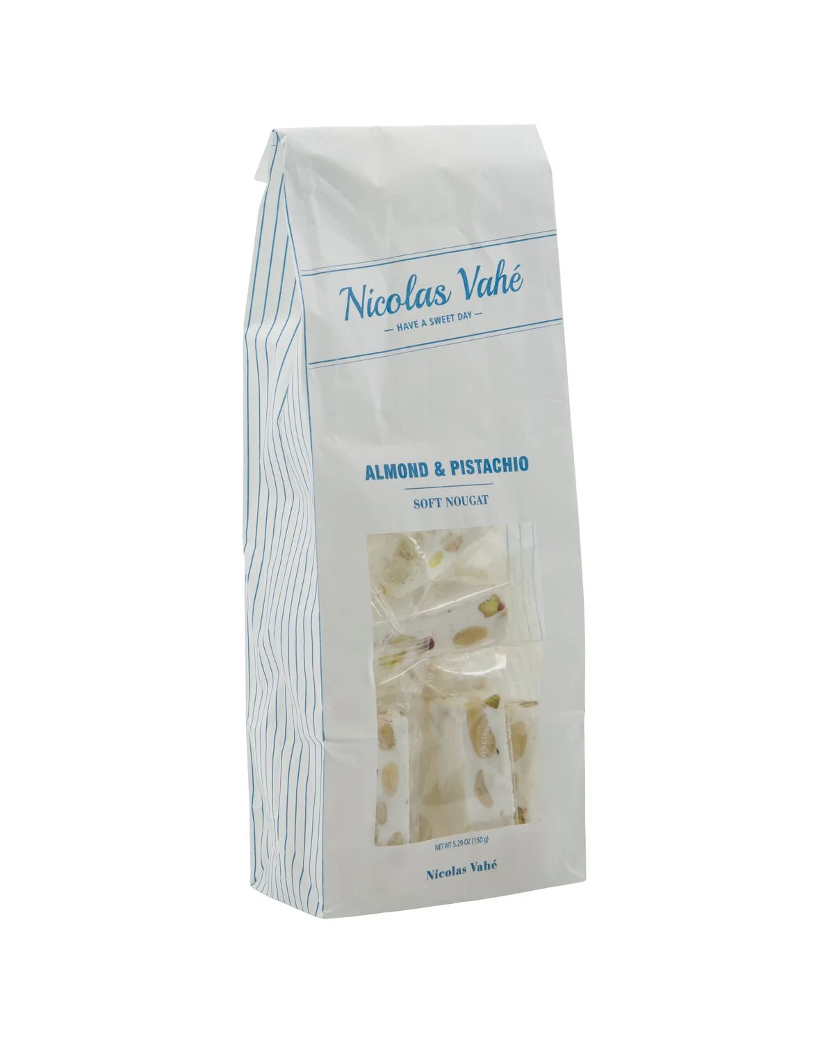 Nicolas Vahé weicher Nougat mit Mandeln und Pistazien in Papiertüte mit blauen Streifen und Sichtfenster, 150 g