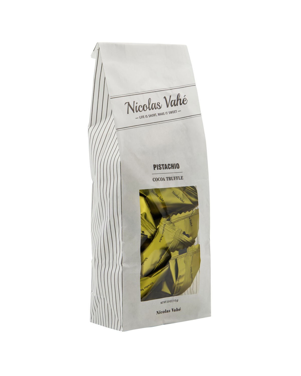Nicolas Vahé Cocoa Truffle Pistazie in Papiertüte mit Sichtfenster, einzeln verpackte Truffle in goldener Folie, 110 g