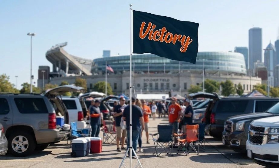 Navy Bears Victory Flag with orange script [flying on a boat / at a Chicago tailgate] for Victory Monday.