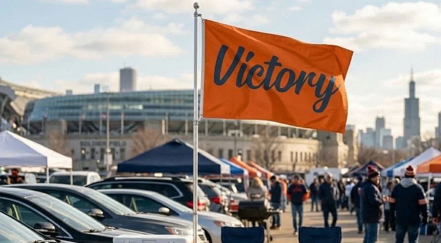 Orange Bears Victory Flag [waving at Bears Tailgate] featuring navy Victory script.
