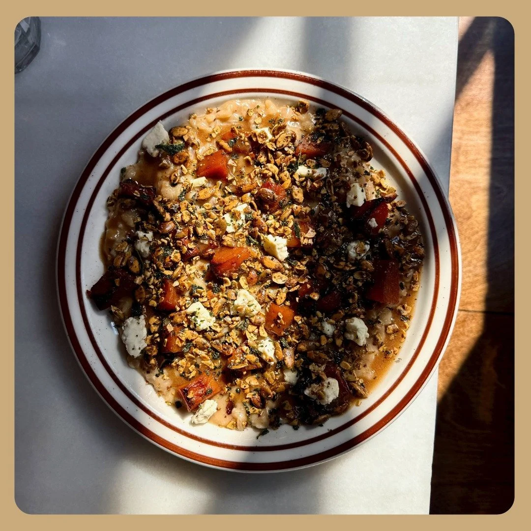 New fall risotto! 🍂

A luxurious risotto made with parm stock and a little pepita miso, roasted butternut squash glazed in balsamic vinegar, creamy blue cheese,  and a pepita sage crunch.

The contrast of the buttery blue cheese with the caramelized