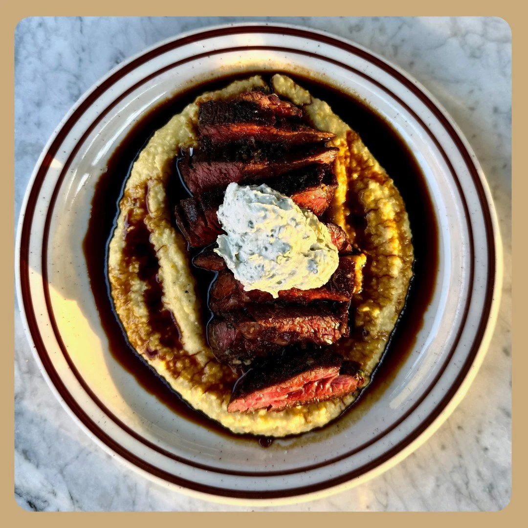 We present this delicious hanger steak, cooked to order and laid on top of creamy yellow corn polenta, house made red wine worcestershire sauce, and topped with whipped beef tallow butter.

Yellow corn polenta from @bartonspringsmill gets cooked a lo