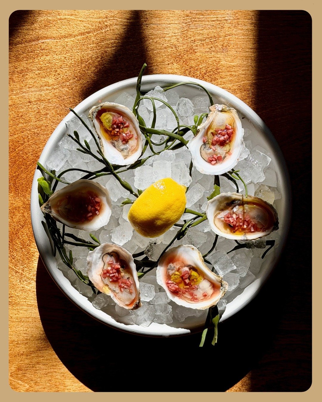 Hey! You can now get oysters any time of the evening here at Tiny Champions, and we tweaked the plate up for it a bit, too:

Half dozen chilled east coast oysters, with lemon and a vermouth mignonette (and a lil olive oil). 🦪 🎉