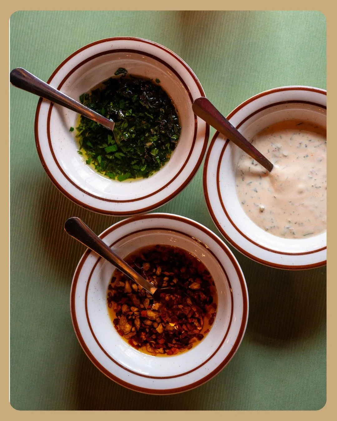 It's dry January still, but there is more than one way to get sauced around here.

Our dippin' sauces are tucked at the bottom of the menu but they can be integral players to your dining experience. Salsa verde, fancy ranch (IYKYK), garlic chili oil,