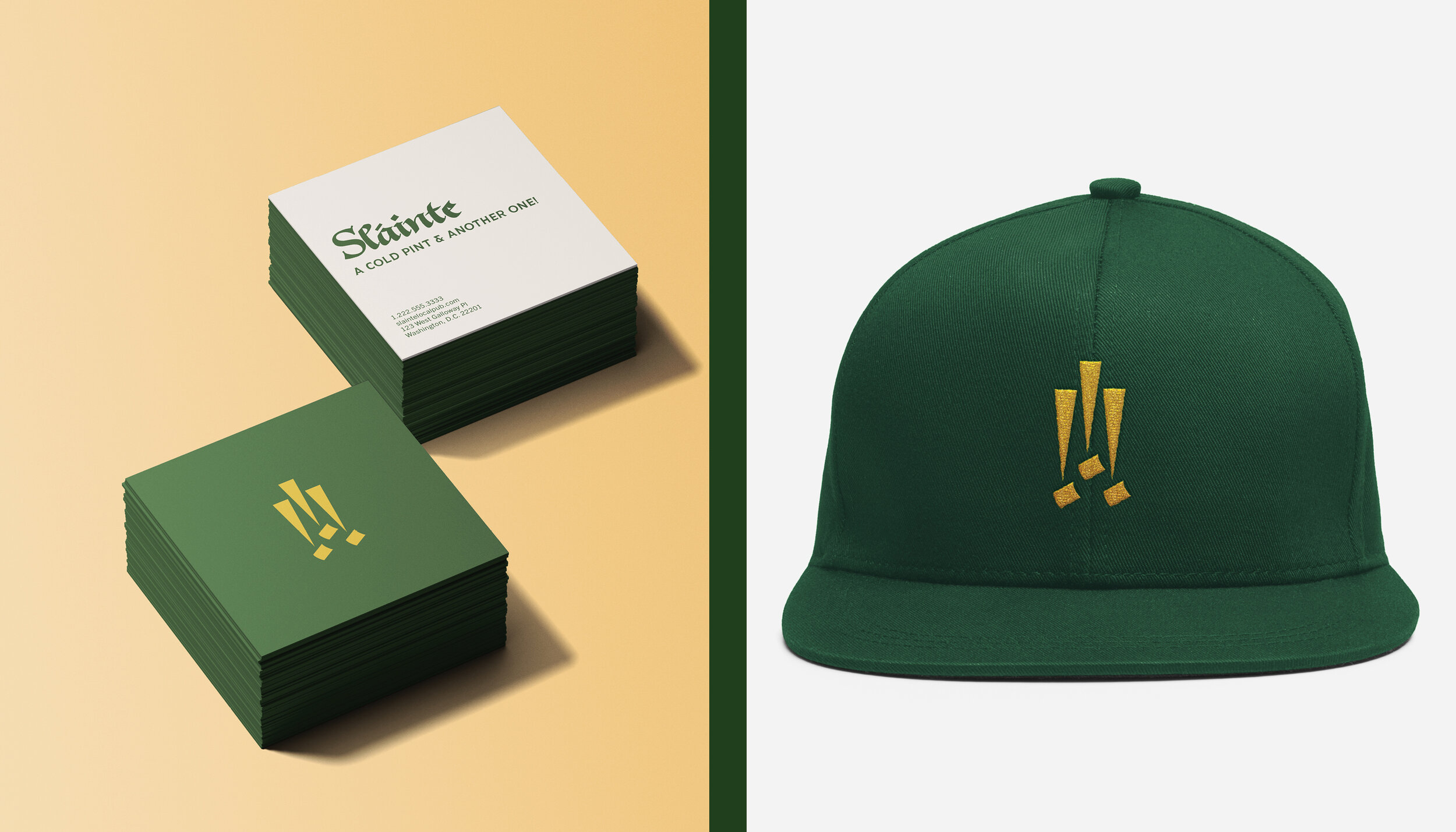 Irish Pub square business card design and branded snapback