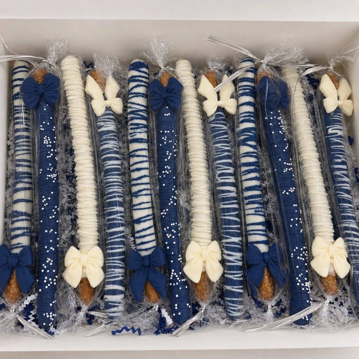 Blue and Ivory Dipped Pretzel Rods with Bows