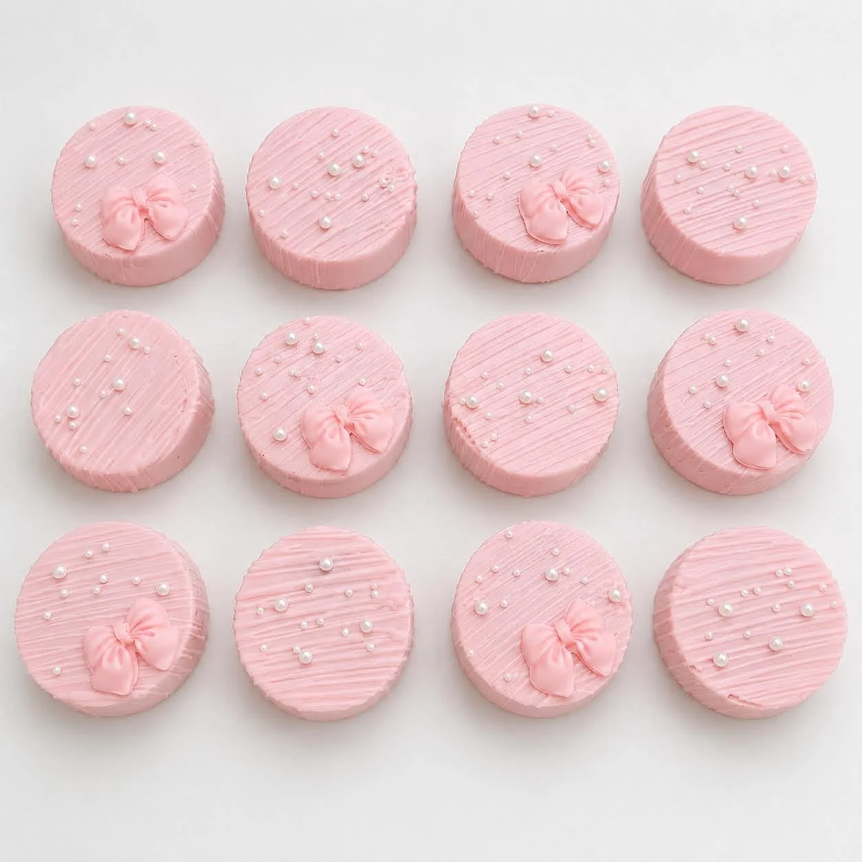 Twelve light pink chocolate-covered Oreos arranged in rows with pearl accents and matching pink bow decorations.