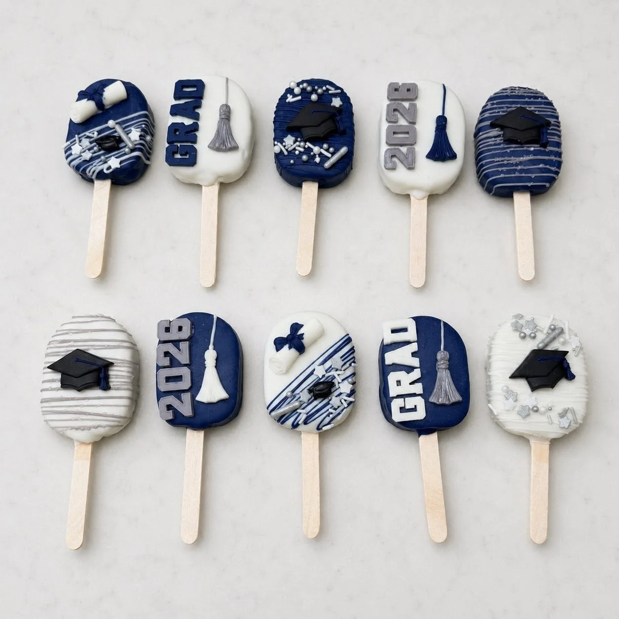 Silver, Navy, and White Graduation cakesicles
