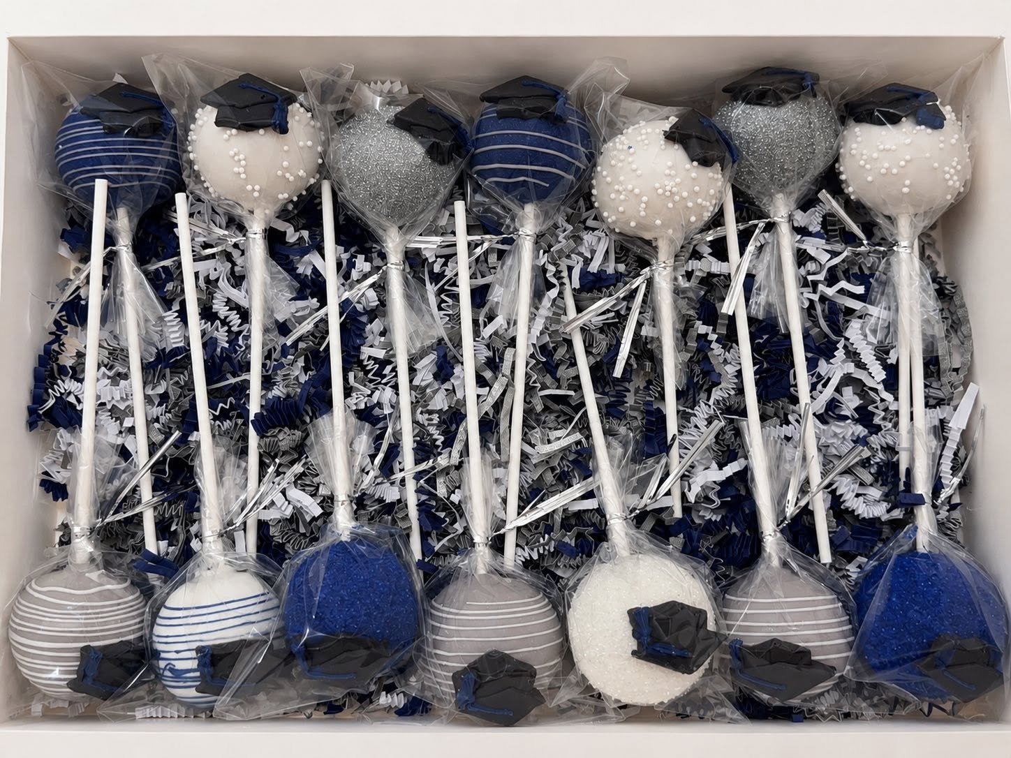Silver, Navy, and White Graduation cake pops in stand