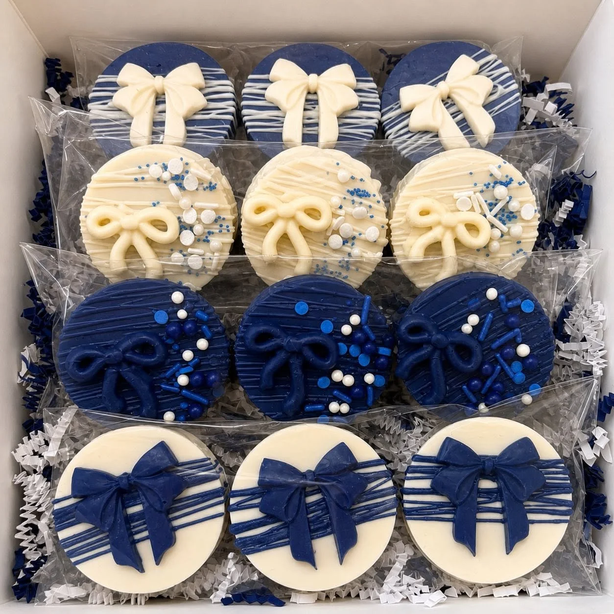 Blue and Ivory Chocolate Covered Oreos with bows