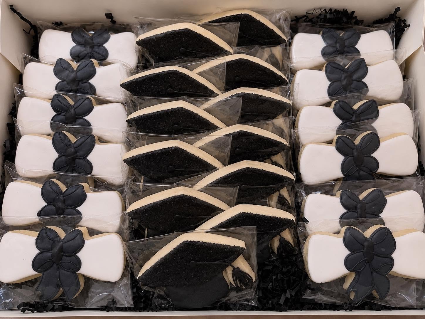 black and white elegant graduation custom sugar cookies in box