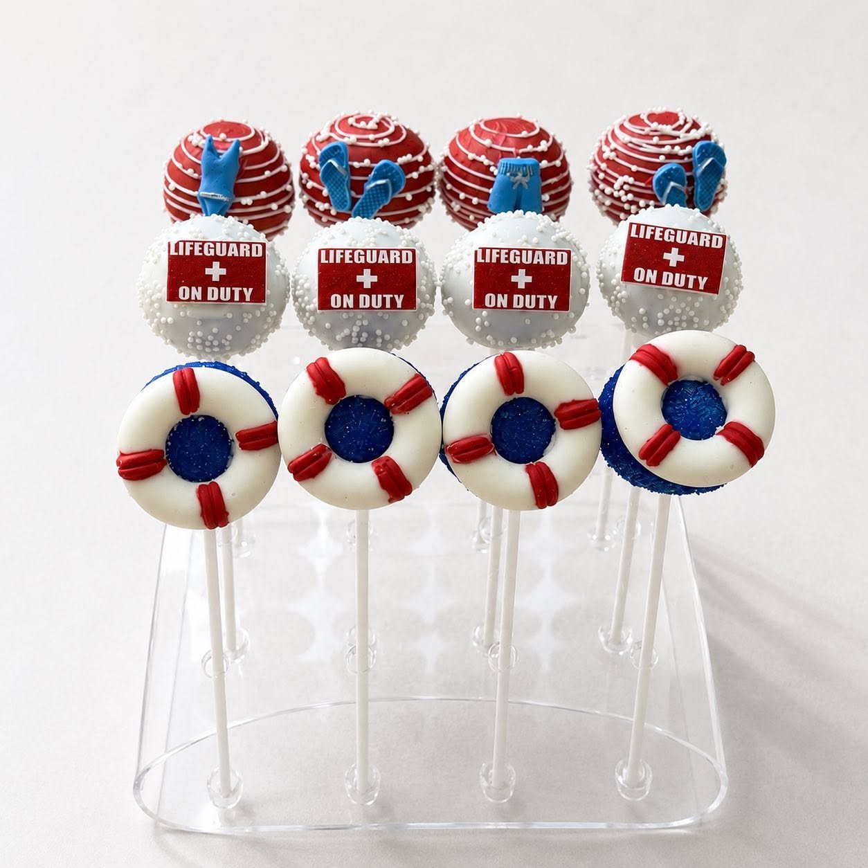 Lifeguard Theme Summer Cake Pops in stand