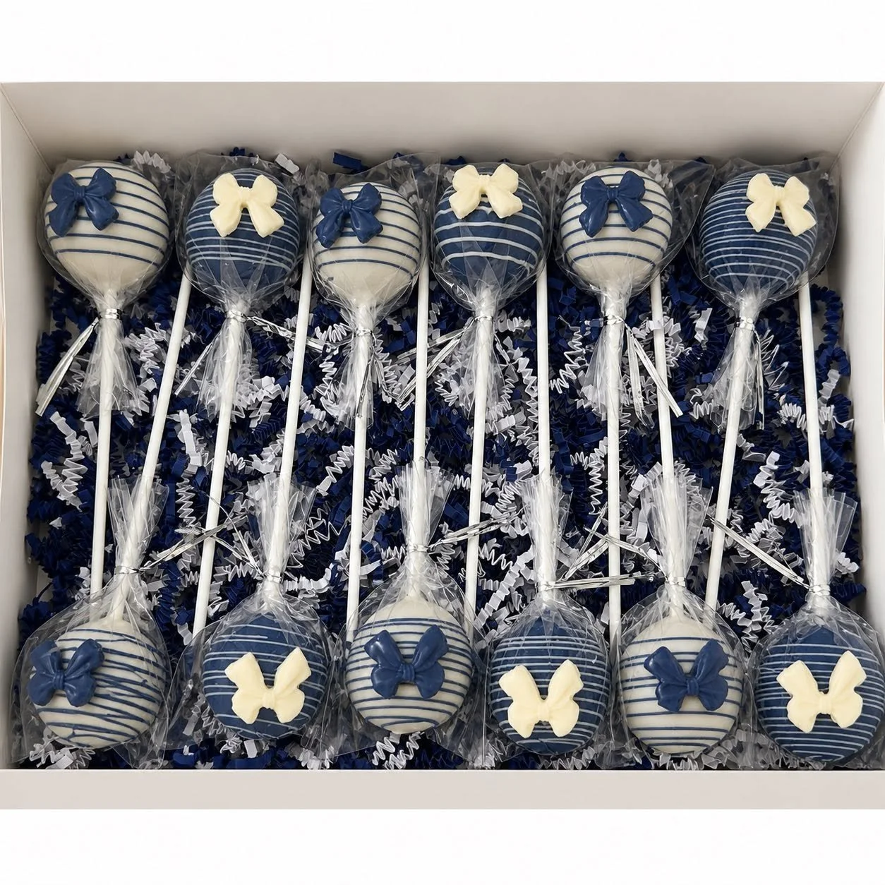 Blue and Ivory Cake Pops with bows
