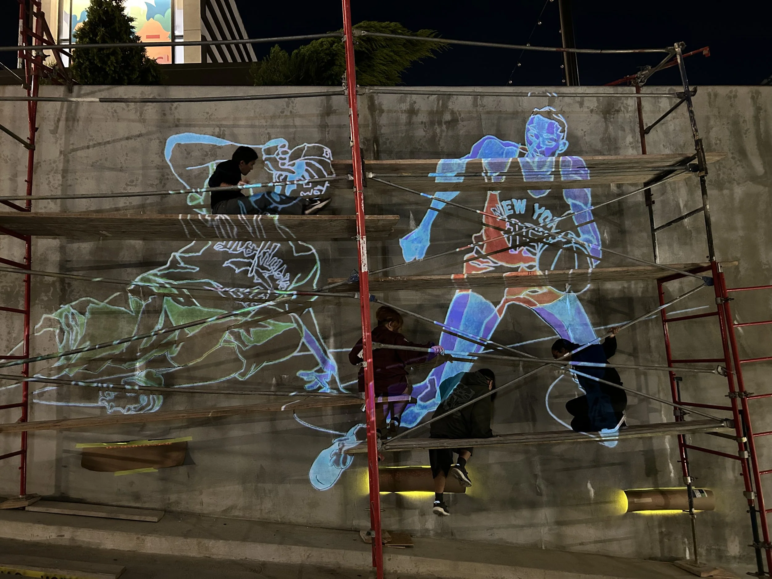 Projection and sketch phase of the exterior mural at the Terasaki Budokan
