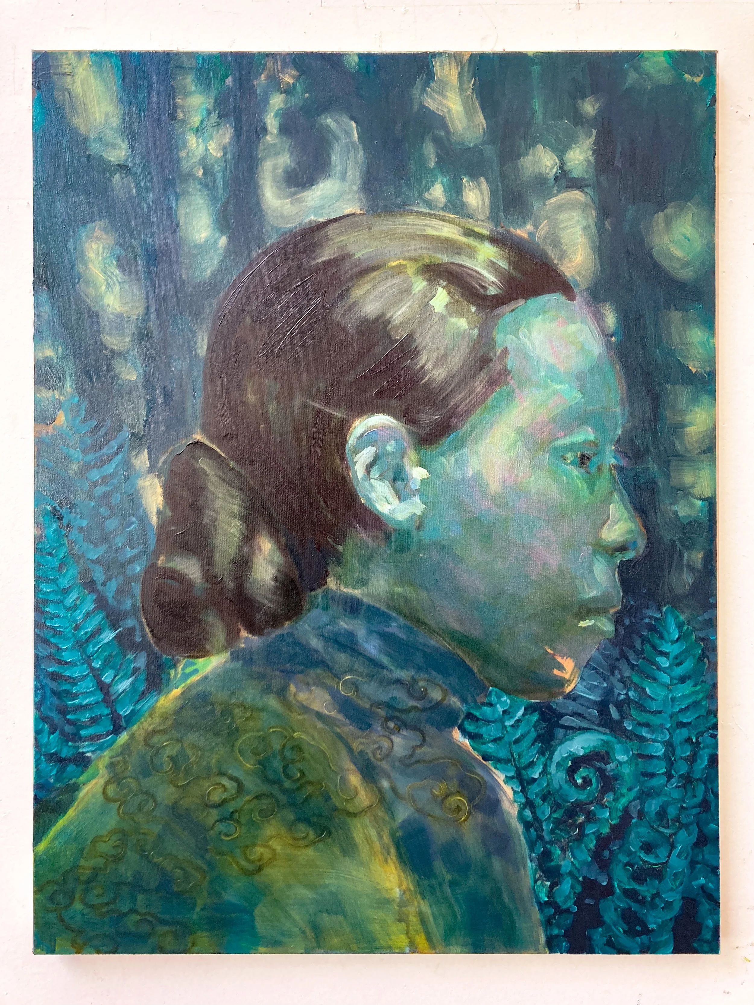 Quok Shee in the Redwoods, 2025, oil on canvas, 40" x 30". Inspired by the Chinese immigrant whose legal battle challenged the exclusionary immigration policies of the late nineteenth century. Detained upon her arrival in the United States despite be