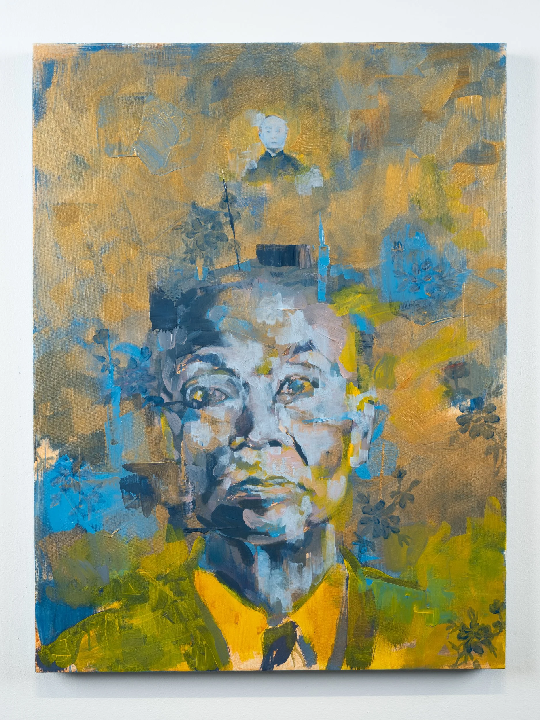 Wong Kim Ark v. United States, 2025, oil on canvas, 40" x 30". Commemorates the Chinese American plaintiff whose 1898 Supreme Court case established birthright citizenship under the Fourteenth Amendment. Drawing from historical photographs and archiv