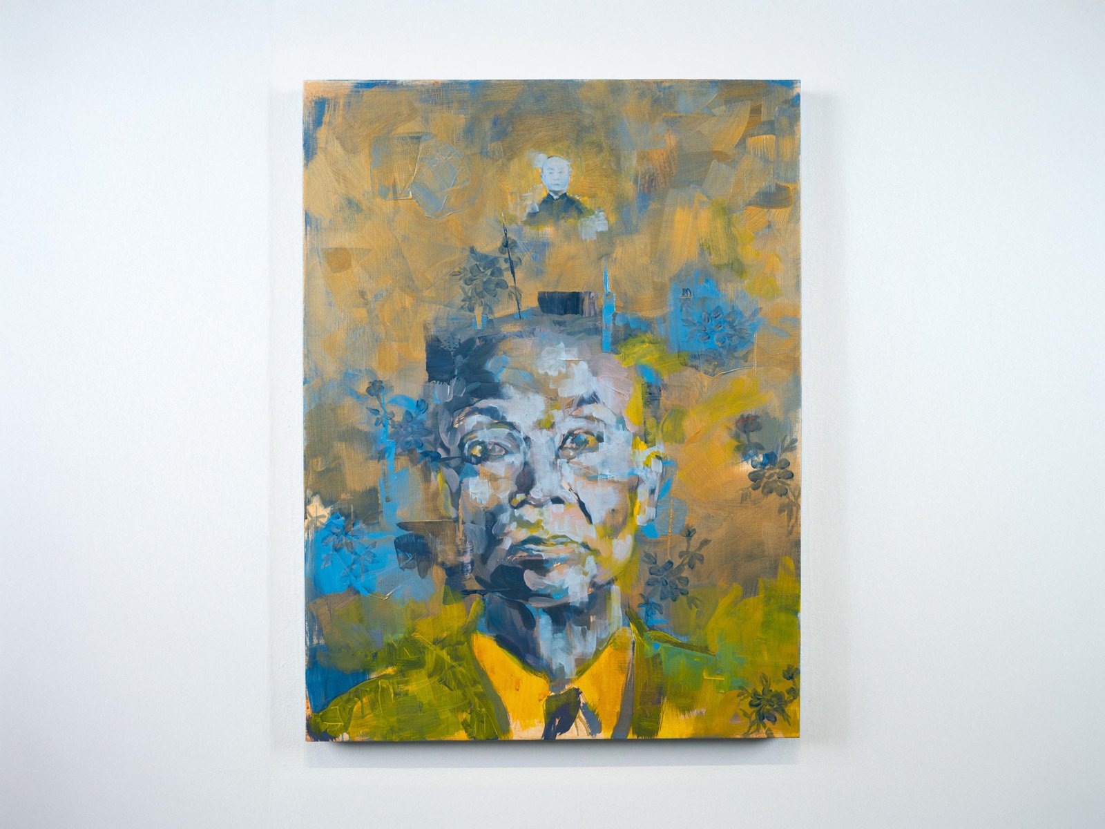 Alternate view of Wong Kim Ark portrait painting with expressive facial features and abstract background