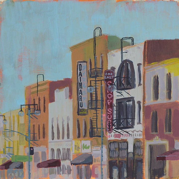 Acrylic painting of First Street North in Little Tokyo, Los Angeles by Kenji C. Liu
