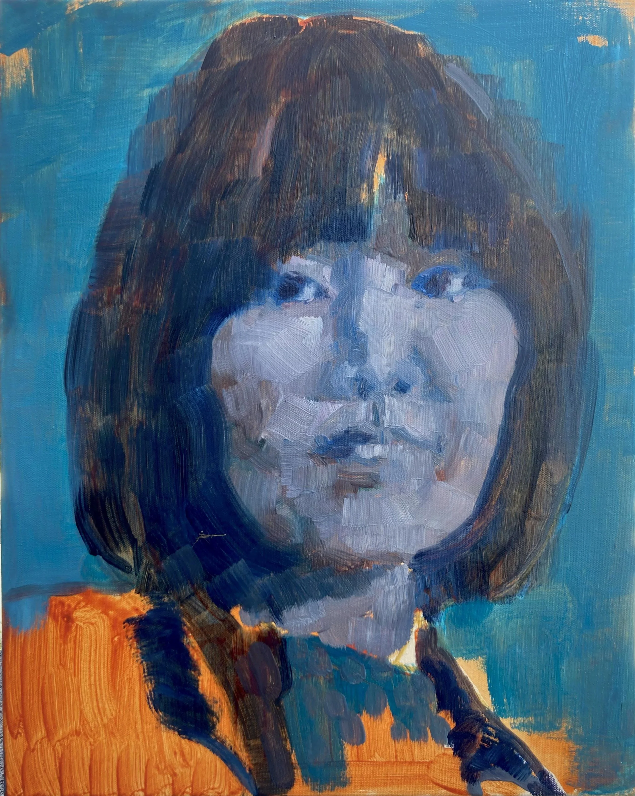 Close-up detail of Theresa Hak Kyung Cha portrait showing expressive blue, teal, and orange brushwork