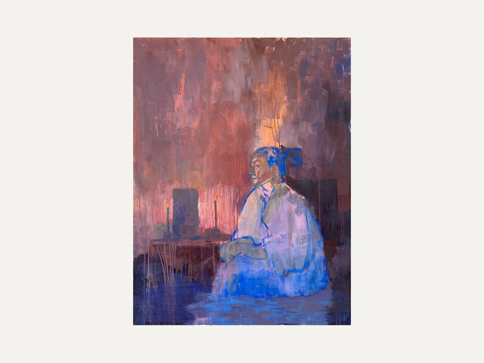 Original oil painting of a seated Chinese American woman in white and blue against a warm red-orange interior by Kenji Liu