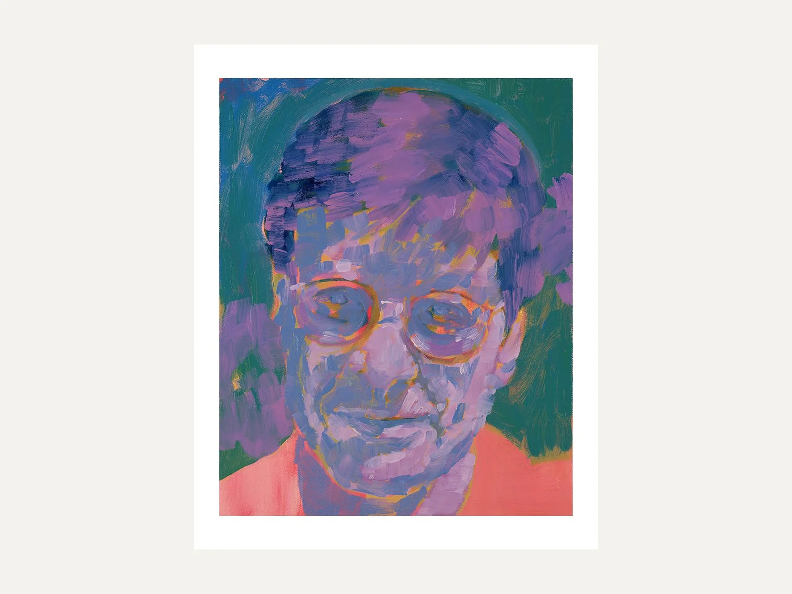 Portrait print of Mahmoud Darwish with glasses, painted in purple, pink, and blue against a teal background