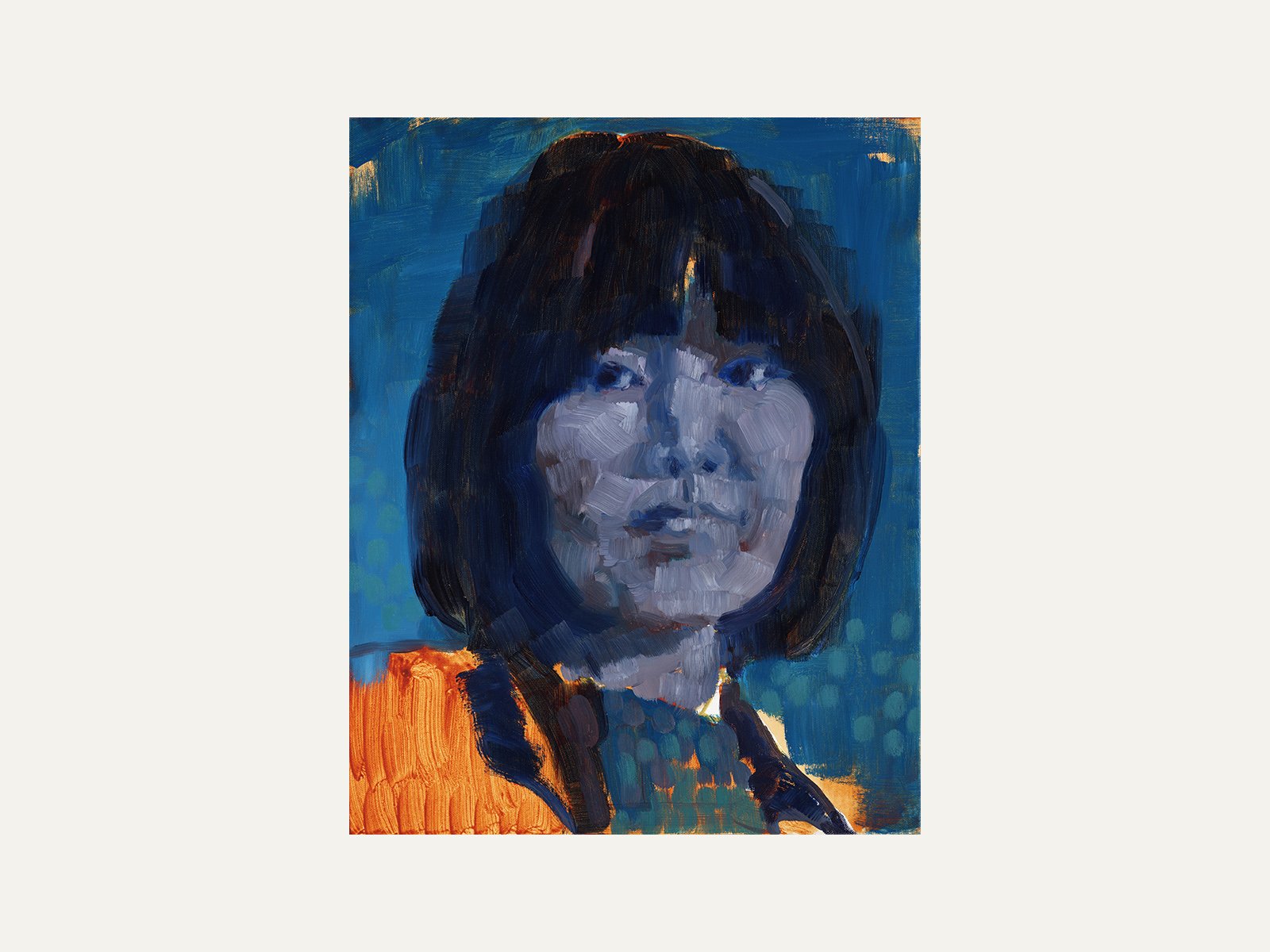Original oil portrait of Theresa Hak Kyung Cha in blue and teal tones with an orange clothing accent by Kenji Liu