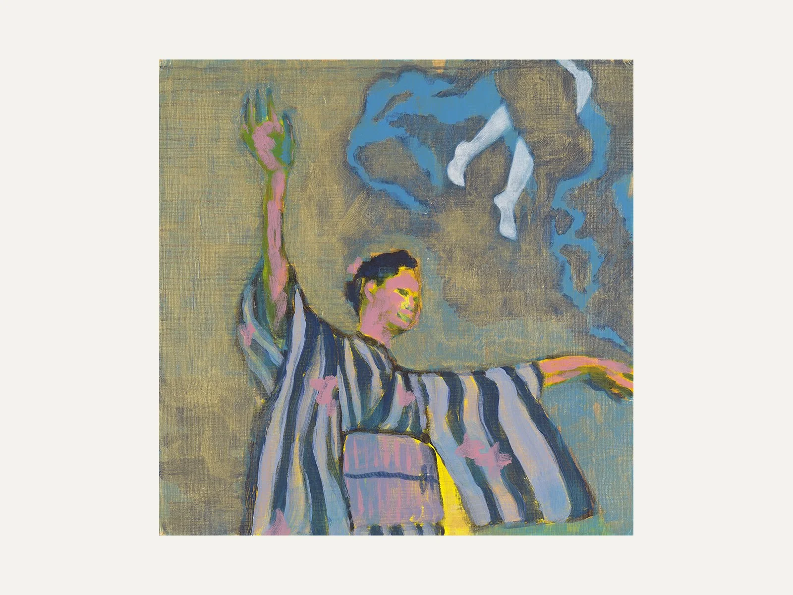 Original painting of a Bon Odori dancer in a striped kimono with raised arms against a textured gold background