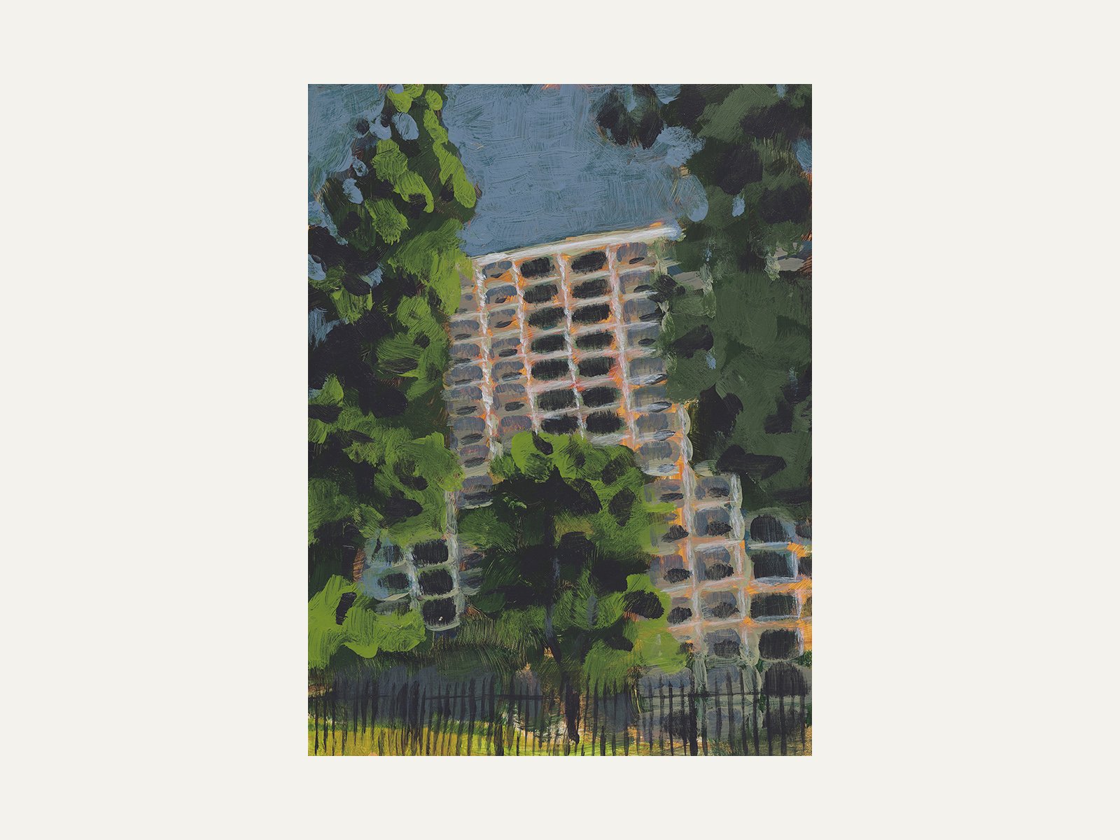 Original painting of Little Tokyo Towers rising above green trees under a bright blue sky in Los Angeles