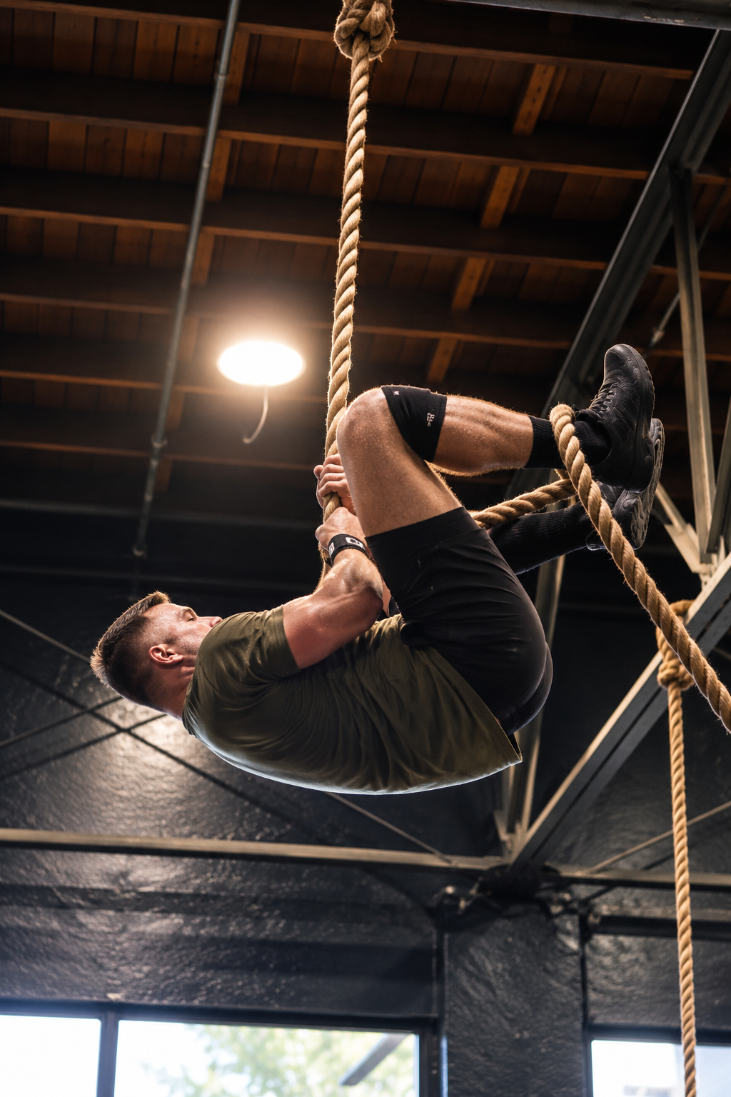 Cinematic Rope Climb in an Industrial Gym.png