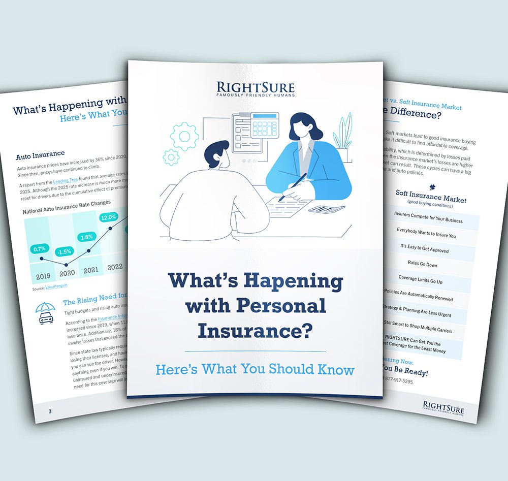 A brochure titled "What's Happening with Personal Insurance? Here's What You Should Know" by RIGHT SURE, featuring an illustration of two people in a consultation, with charts and text about insurance topics.