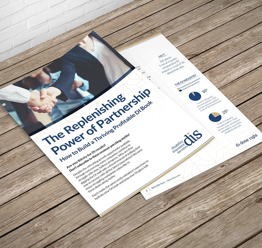 Brochure titled 'The Replenishing Power of Partnership' on a wooden surface, featuring a handshake photo and various business statistics.