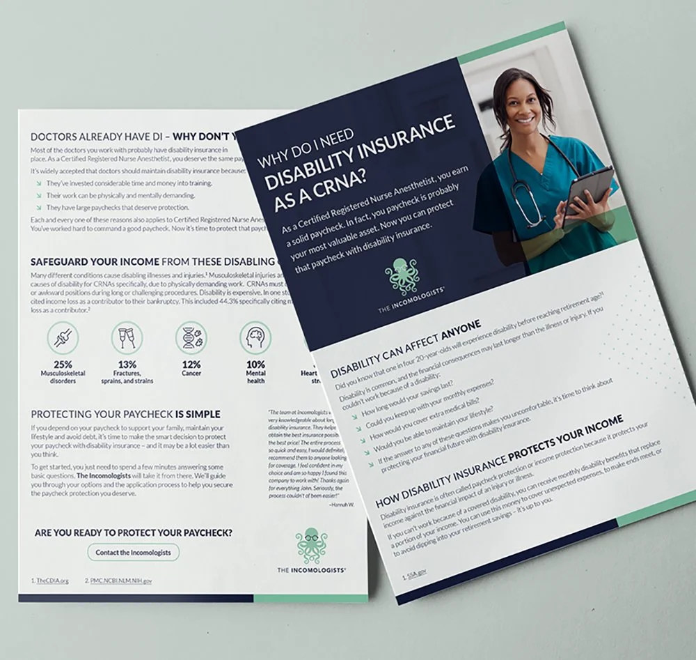 Brochure from The Incomologists titled "Why do I Need Disability Insurance as a CRNA?" featuring a smiling female nurse in scrubs holding a tablet, with sections about disability insurance benefits and protecting income.