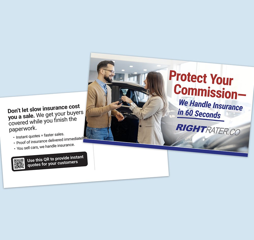 Business card advertising insurance services, with a photo of a man and woman exchanging car keys at a dealership.