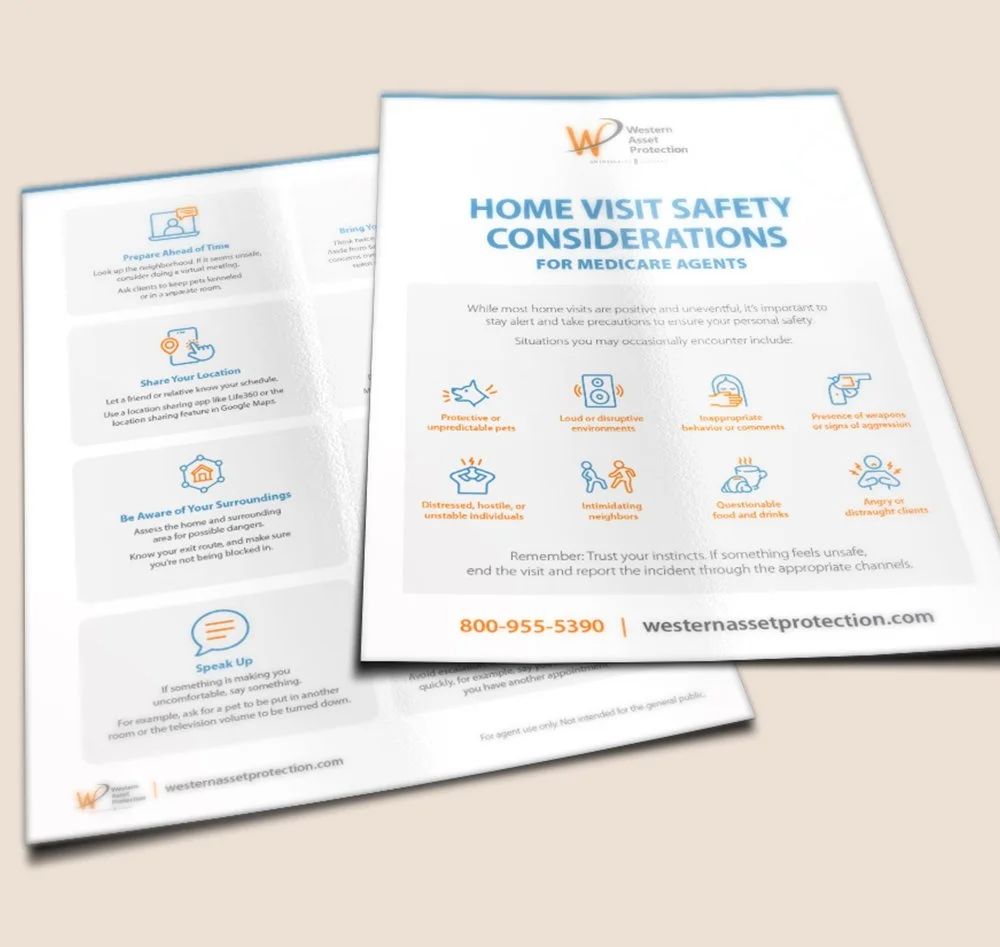 Pamphlet titled 'Home Visit Safety Considerations for Medicare Agents' with safety tips and contact information from Western Asset Protection.