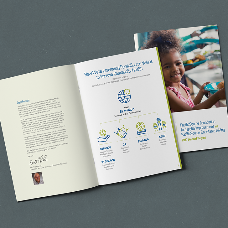 An open annual report from the PacificSource Foundation showing financial investment data and community health improvement efforts, with a smiling young girl at an outdoor market on the right page.