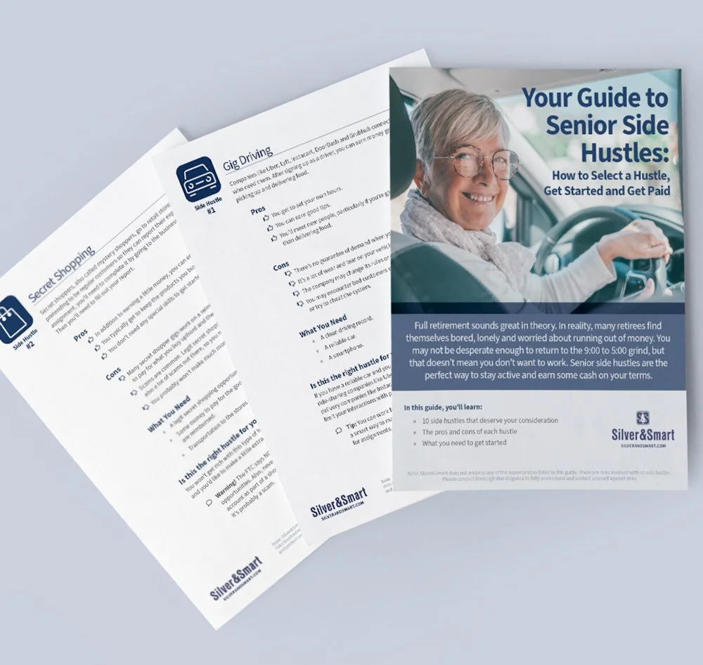 A guide titled 'Your Guide to Senior Side Hustles: How to Select a Hustle, Get Started and Get Paid,' featuring a smiling older woman driving a car. The guide discusses how retirees can stay active and earn money through side hustles, with tips on choosing the right hustle, pros and cons, and what is needed to get started.