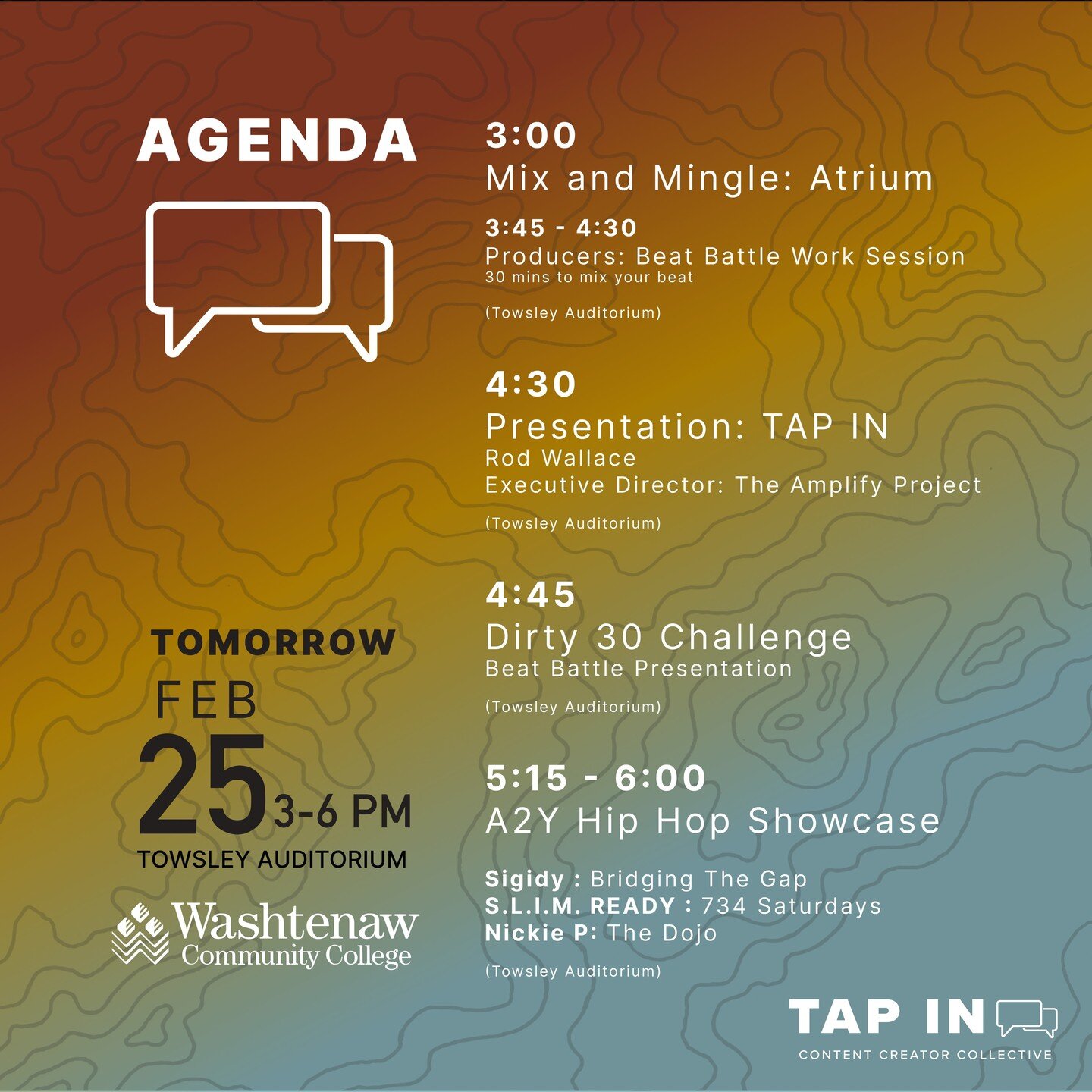 Registration Open until 3:00 tomorrow for TAP IN: Michigan Content Creator Mixer! 
(Link in Bio)

Here's the agenda for the event - a lot of amazing music and conversations heading your way!