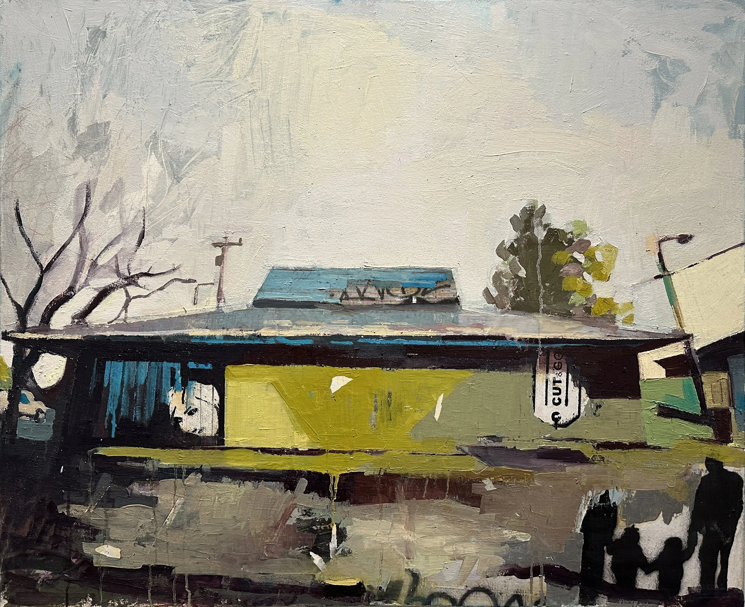 Daphne Minkoff - Façade of Convenience #5, collage, oil on canvas, 32 x 40 in. $3400