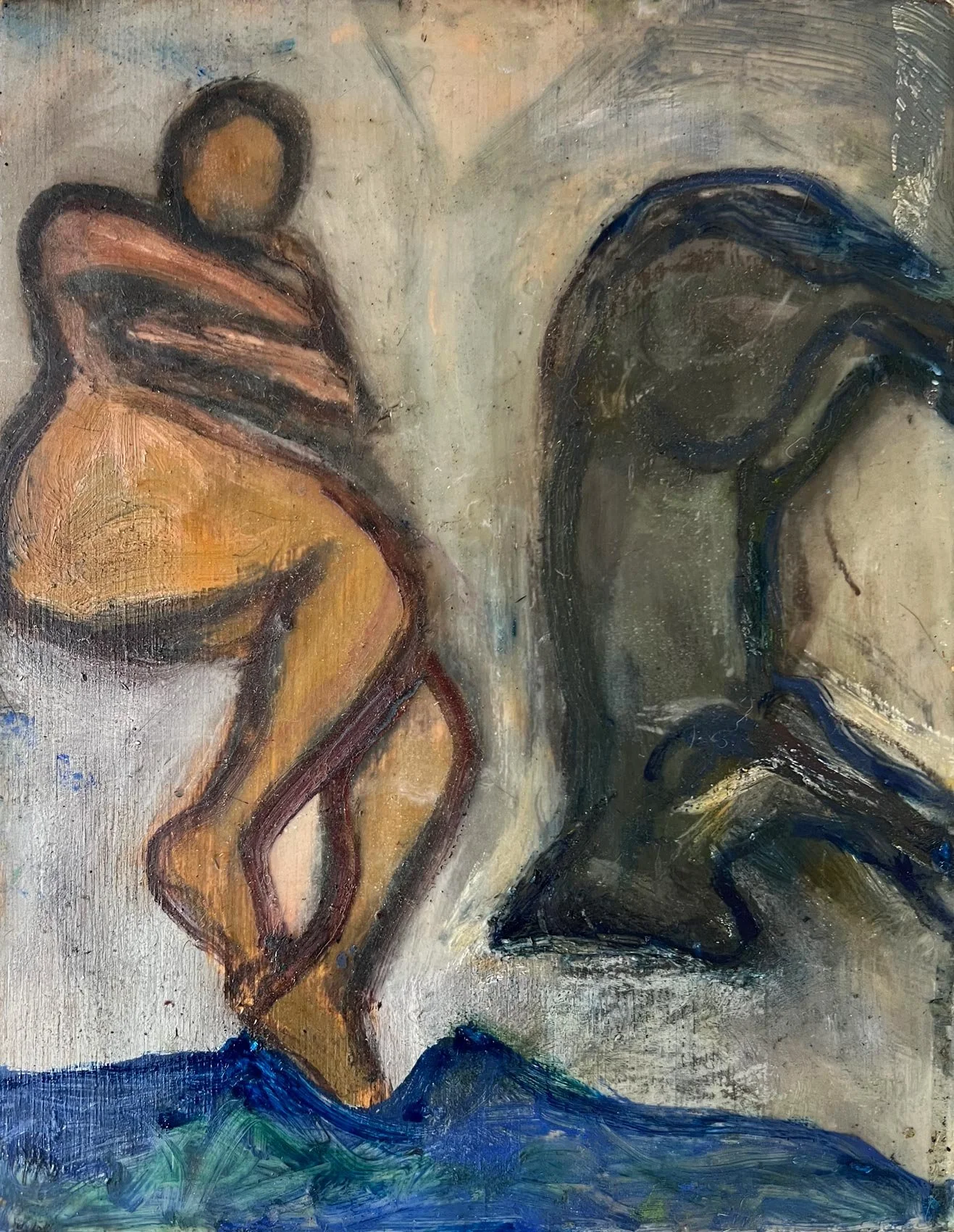 Karen Kosoglad - Woman and Dog 1 - oil and wax on board, 9.75 x 7.75 in. 