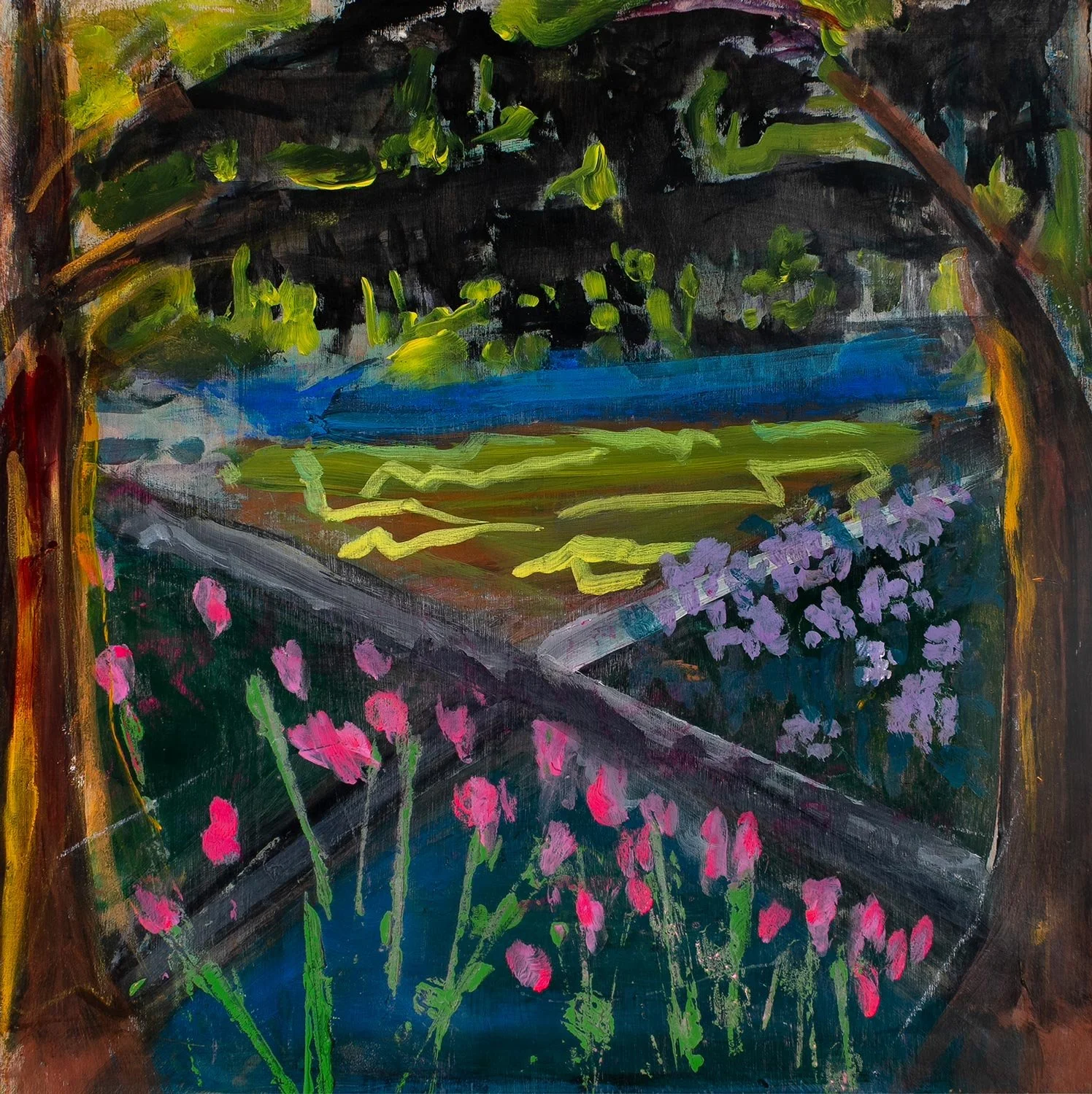 Kathryn Altus - Pink Park, acrylic on wood panel, 12 x 12 in. 