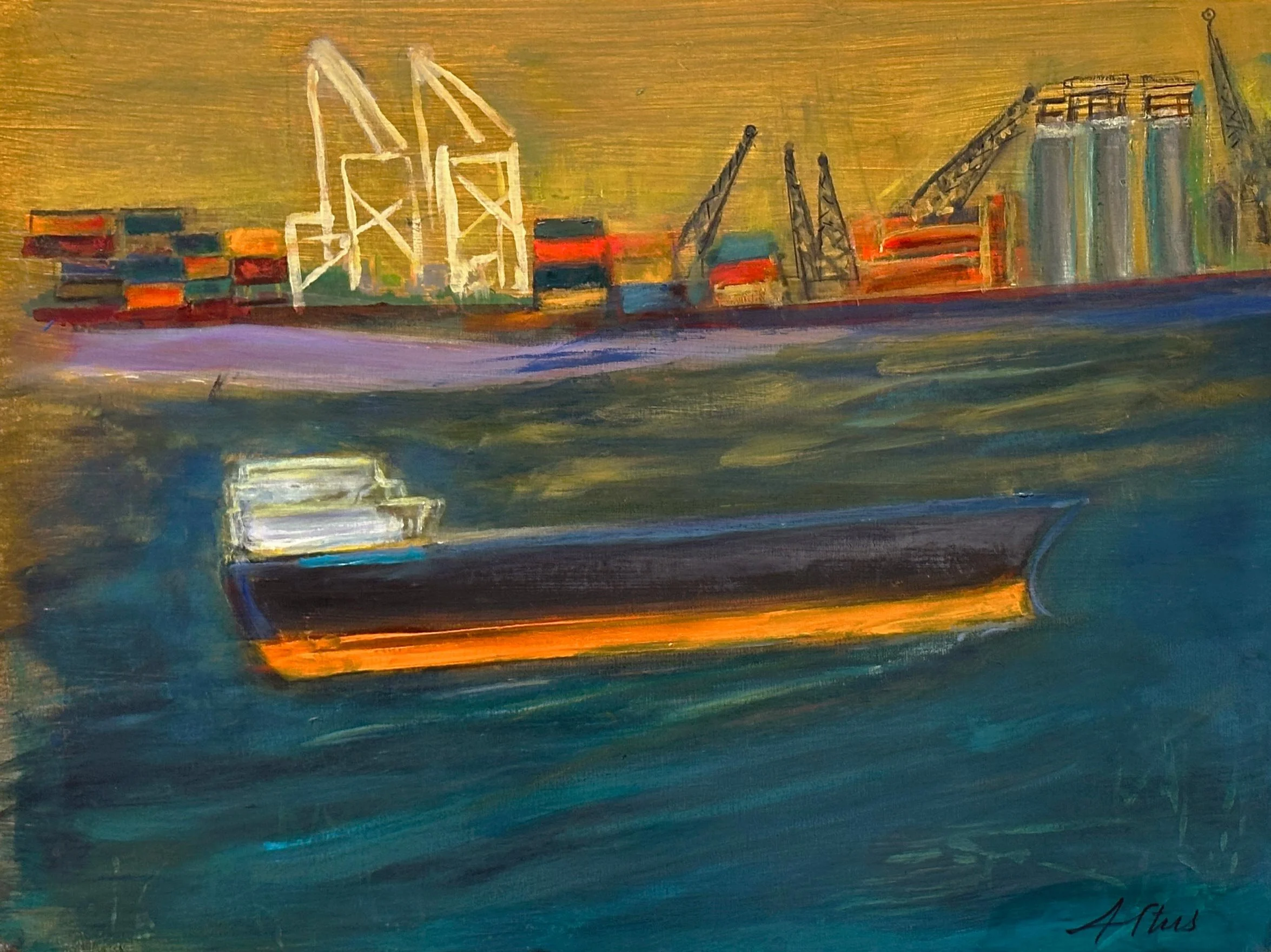 Kathryn Altus, Tanker, oil and acrylic on wood panel, 18 x 24 in. $2400