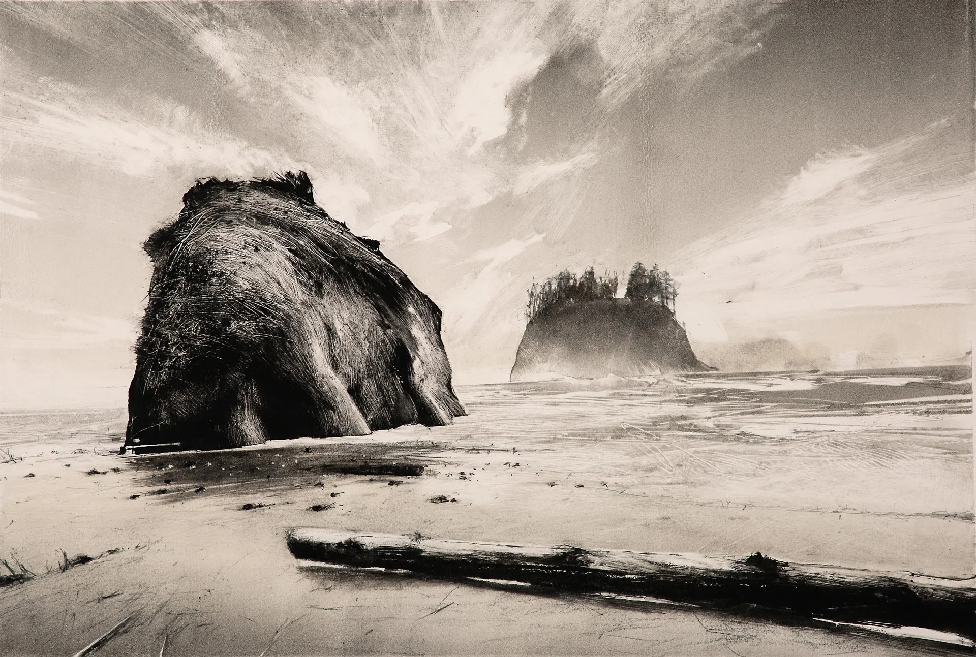 Wendy Orville - Second Beach with Driftlog, monotype, 12.75 x 18.75 in. $3500 - On Hold