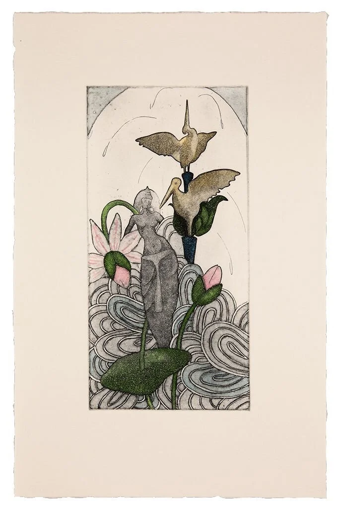 Wendy Thon - Yamuna in the Garden, hand colored etching, 12 x 6 in. $250