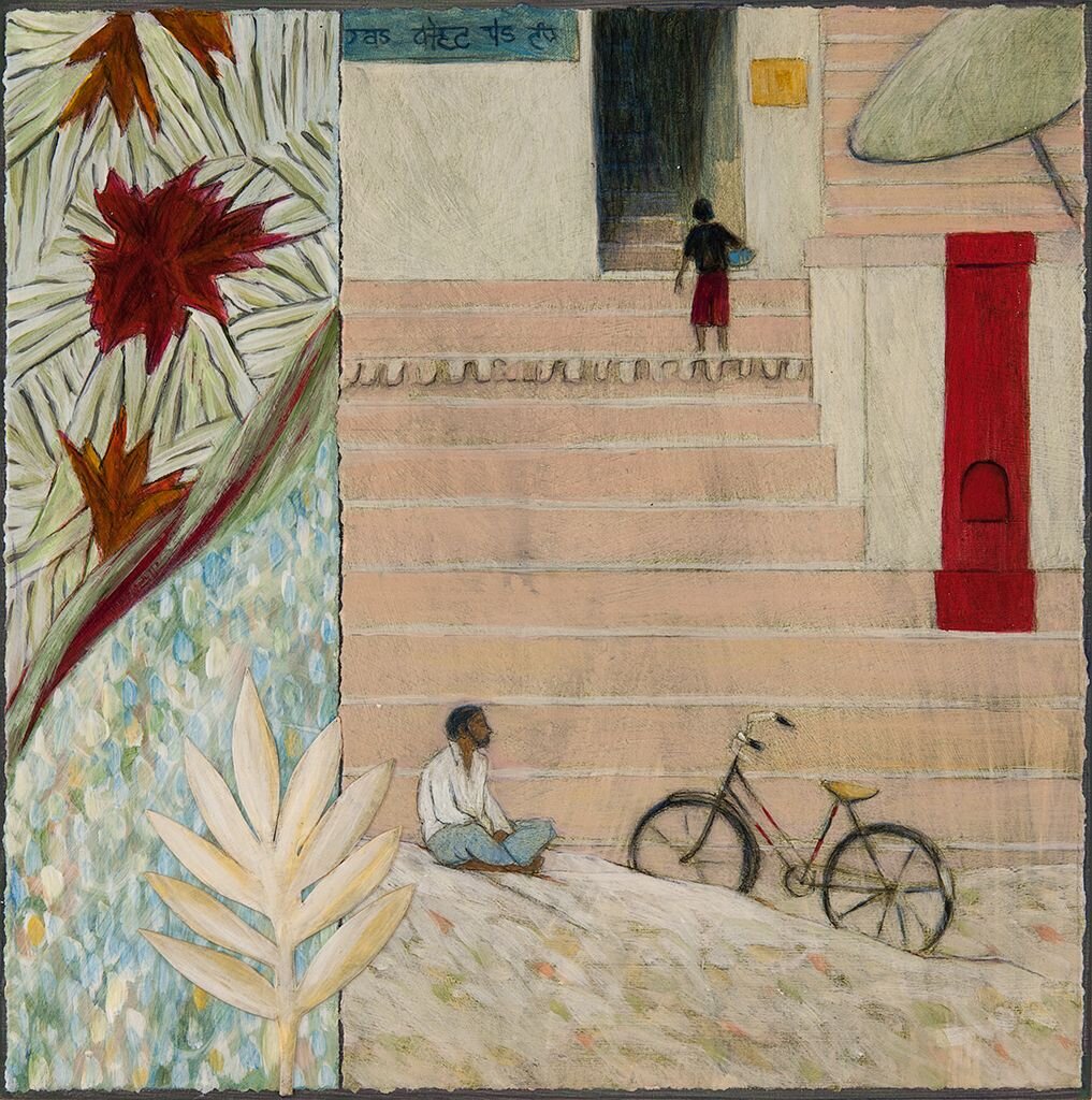 Wendy Thon - Bicycle Ghat - collage, acrylic and charcoal on paper on board, 12 x 12 in. $900