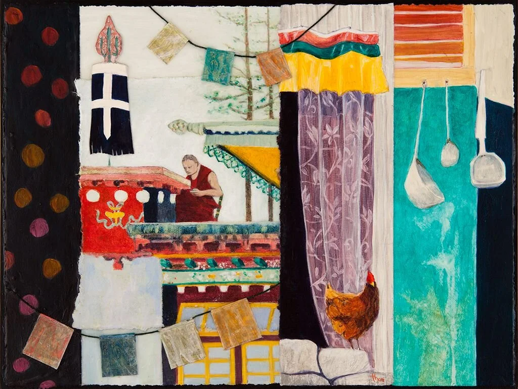 Wendy Thon - Darjeeling Monk-collage, acrylic on paper on board, 12 x 16 in. SOLD