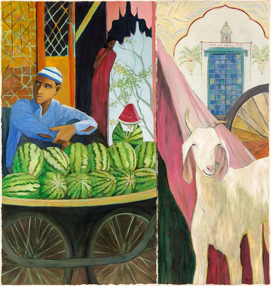 Wendy Thon - Market with Goat, acrylic on paper, 33 x 31.5 in. SOLD