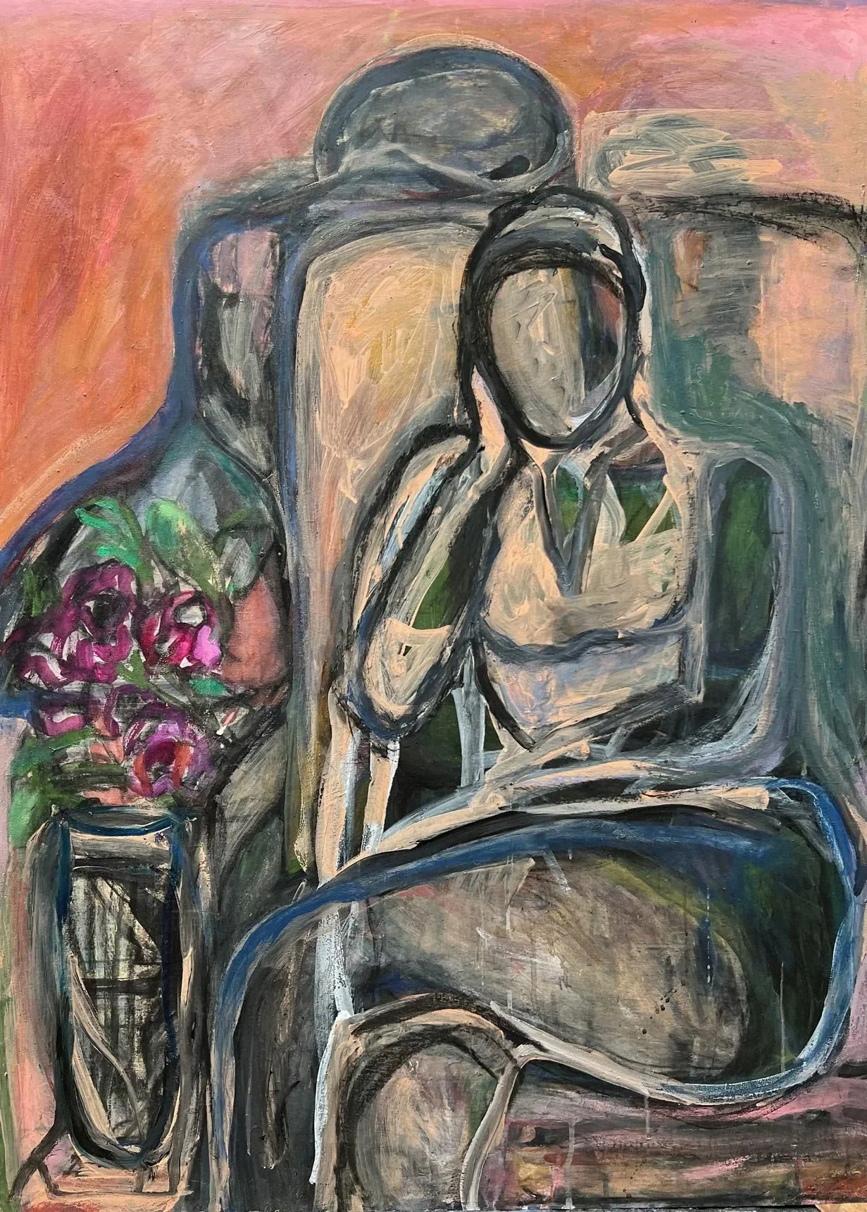 Karen Kosoglad - Wysdom and Reflection with Flowers, mixed media on wood panel, 40 x 30 in. $4200