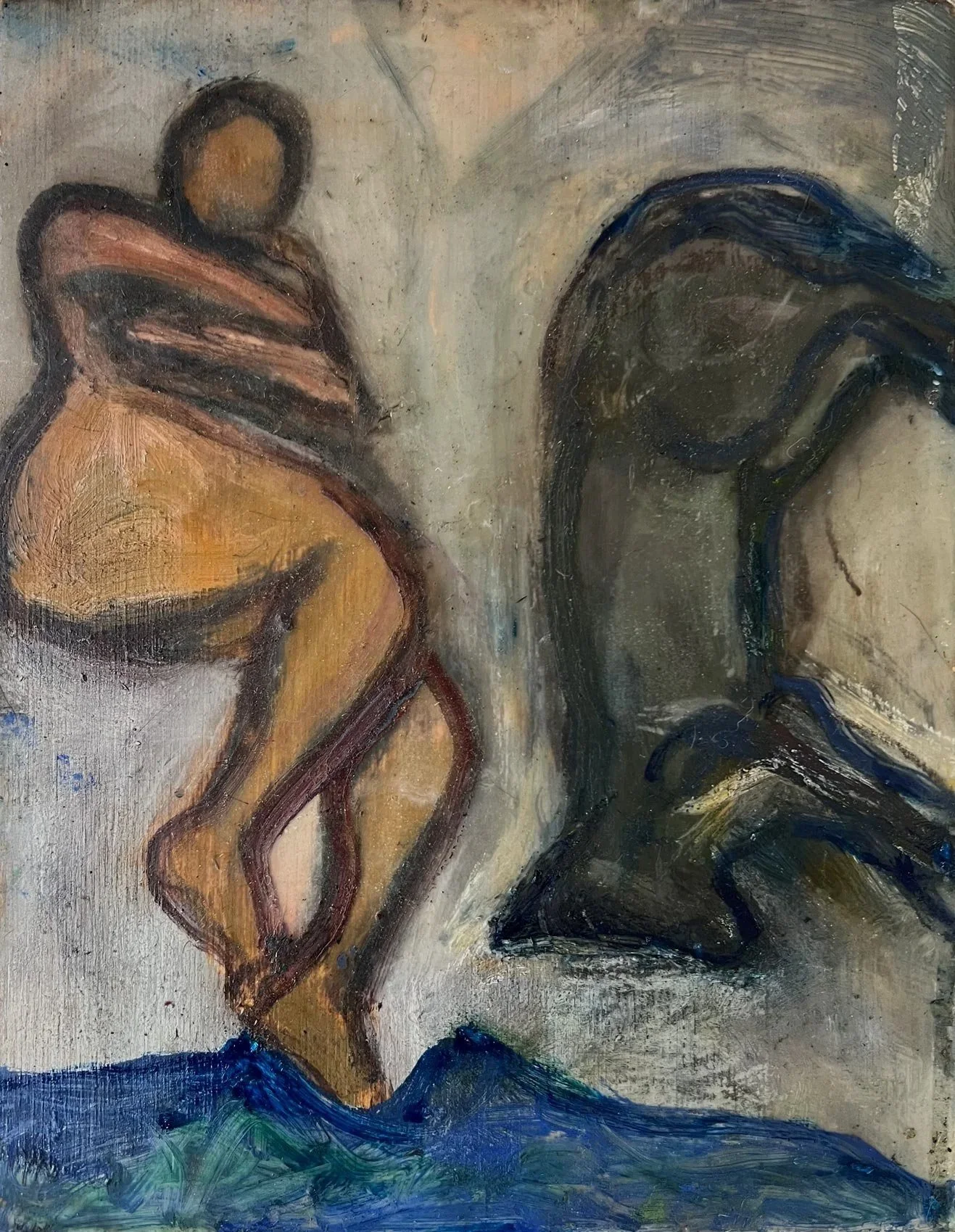 Karen Kosoglad - Woman and Dog 1, oil and wax on wood panel, 9.75 x 7.75 in. SOLD