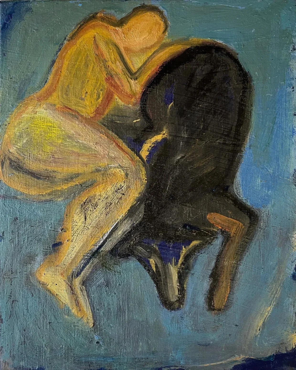 Karen Kosoglad - Woman and Dog 2, oil and wax on wood panel, 9.75 x 7.75 in. $1000